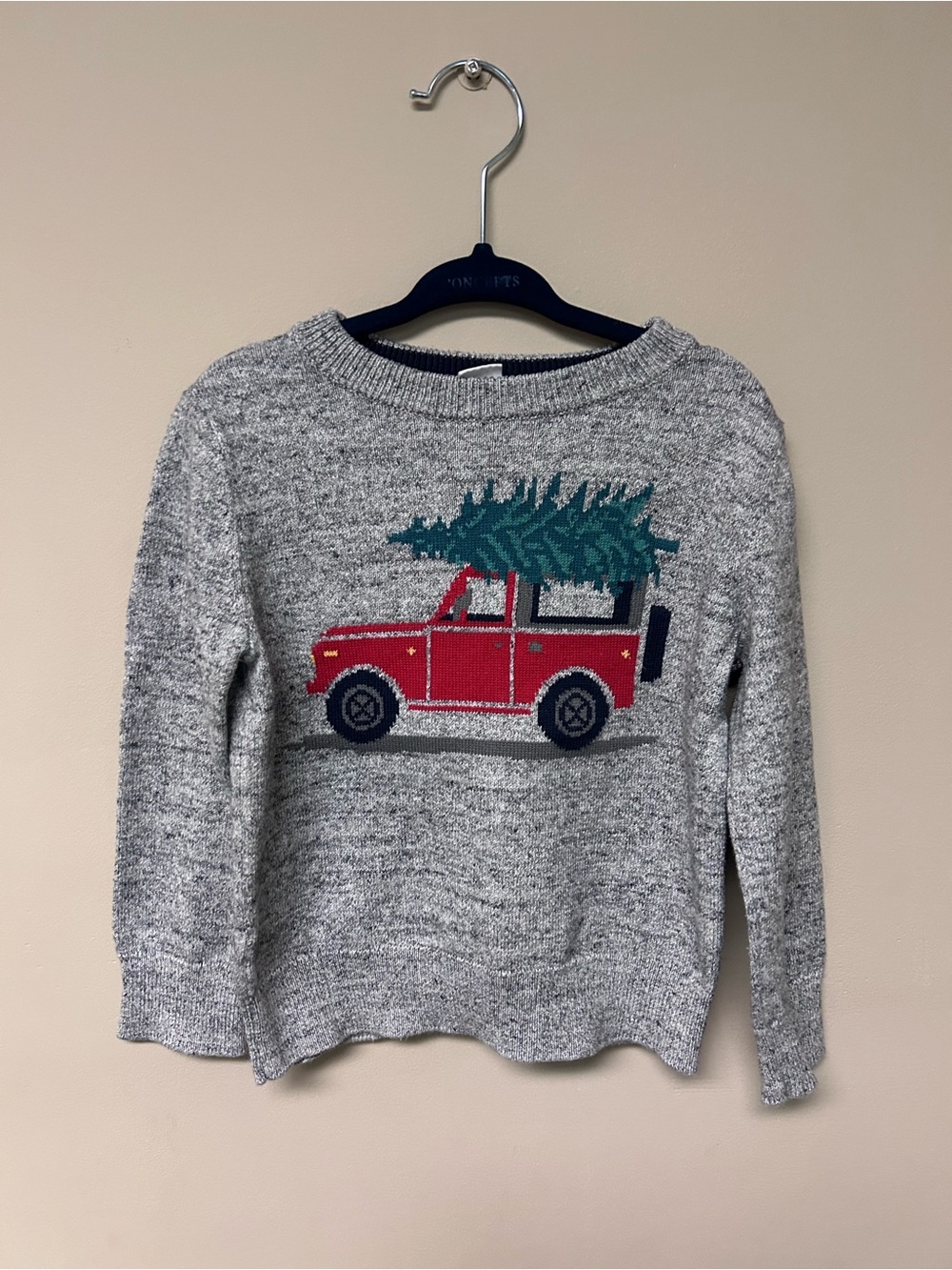 Grey Knit Sweater with Red Truck and Green Tree